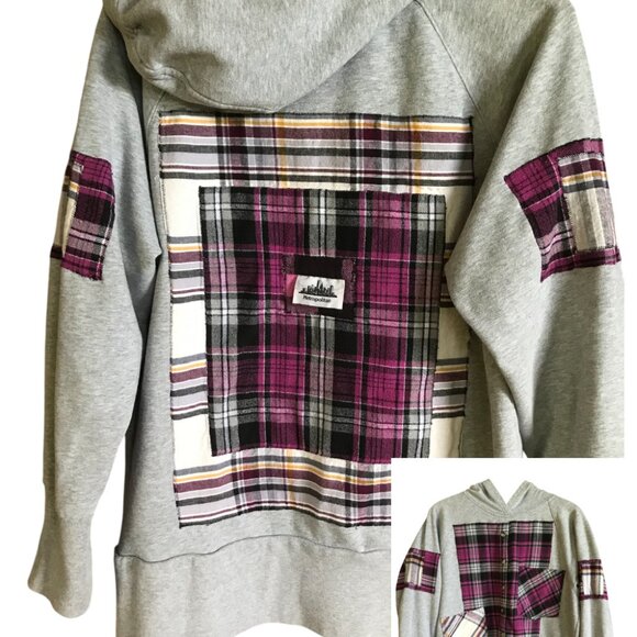 Upcycled Patchwork Hoodie, Size Large: Gray & Pink Plaid, Raw Seam Grunge - Picture 12 of 12